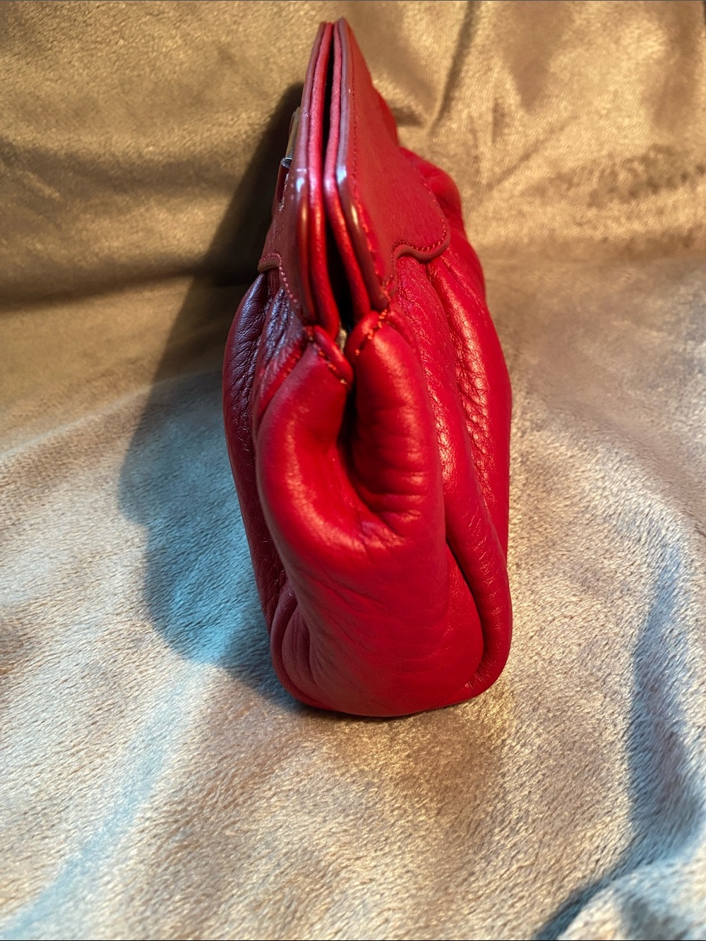 Cole Haan Vintage Village Pleated Pebbled Leather Frame Clutch Purse Red Orange - Picture 6 of 10